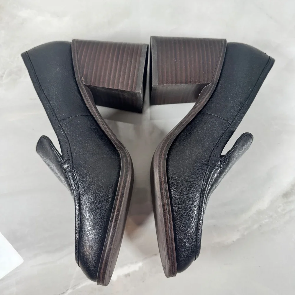 Crown Vintage Caitlun‎ Black Leather Slip On Loafers Pumps Chunky Heel Y2K 9M